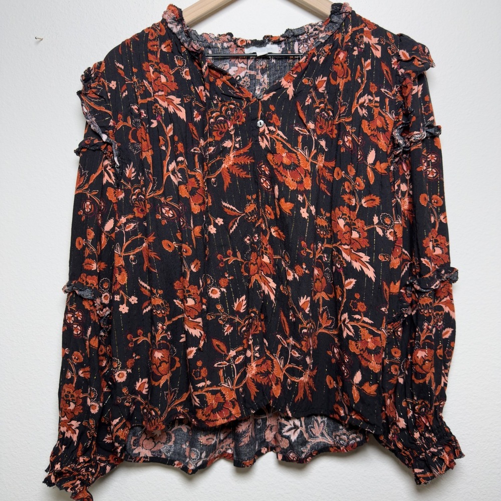 Anthropologie Jennifer Grace Women Top L Black Floral Cottage Metallic Peasant